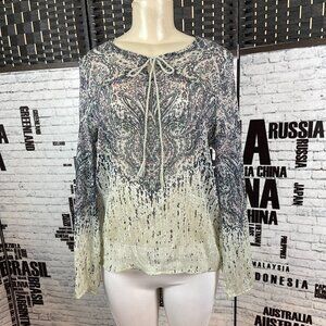a.n.a L Gray Sheer Multi Print Tie Neck Long Bell Sleeve Top